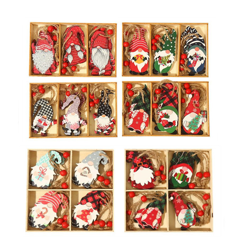 Julekorationer 9 12st Box Wood Pendants Xmas Tree Hängande ornament för Home Kids Gift Noel Navidad Decor 220912