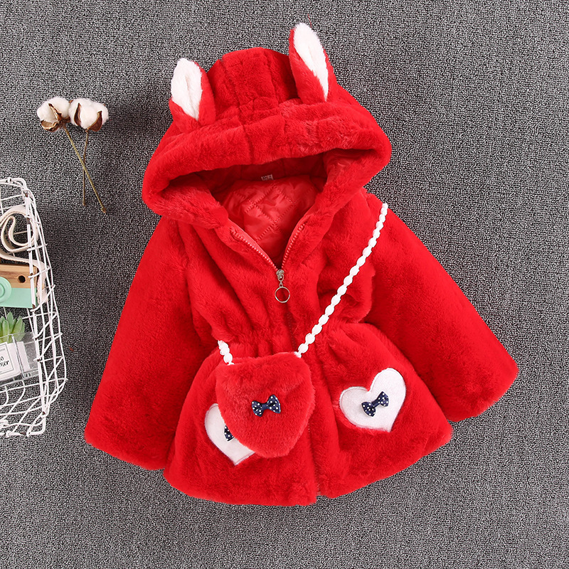Jackor plysch med en väska vinterflickor jacka tecknad kanin hålla varma ytterkläder för barn barn födelsedag närvarande rockar 220912