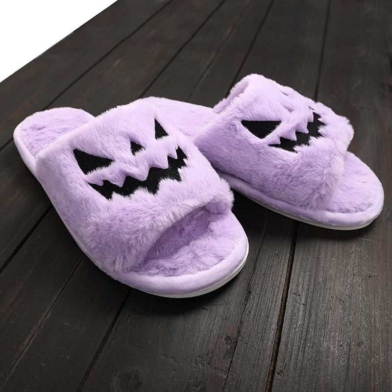 Pantoufles Violet Halloween Fuzzy House Pantoufles Jack O Lantern Citrouille Chaussures Drôle Kawaii Pantoufles pour Filles Claquette Femme 220913