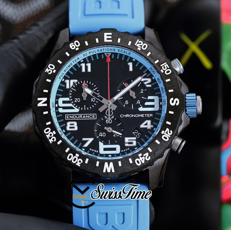 Endurance Pro 44 Miyota Quartz Chronograph Mens Watch V2 X82310281B1S1 PVD Steel All Black Big Number Markers Sky Blue Gumowy pasek Zegarki Stoper Swisstime F6