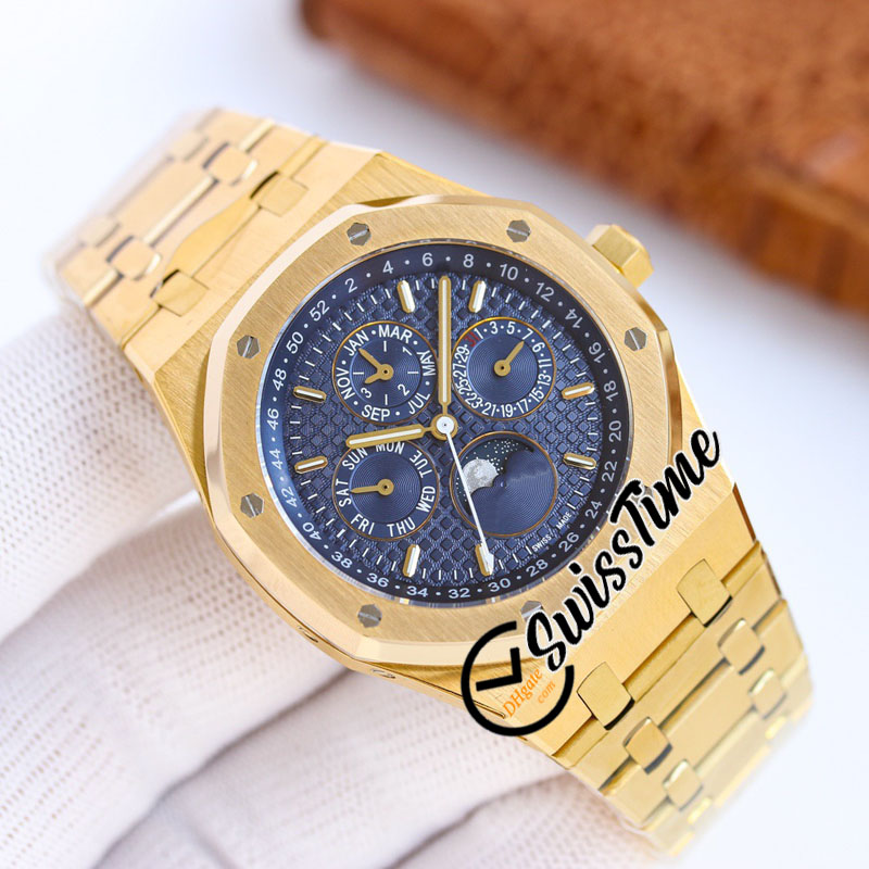 HWF 26574 gecompliceerde functie A5134 Automatische heren Watch 41 Geelgouden Witte textuur Kies Stick Moon Fase roestvrijstalen armband Super Edition Swisstime D4