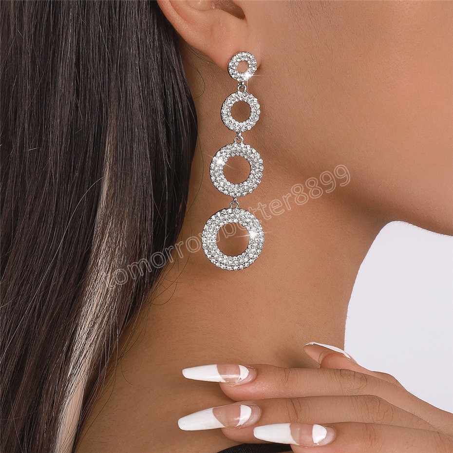 Luxe strass géométrique rond Long gland boucles d'oreilles femmes mariage mariée boucles d'oreilles suspendues fiançailles oreille bijoux fête