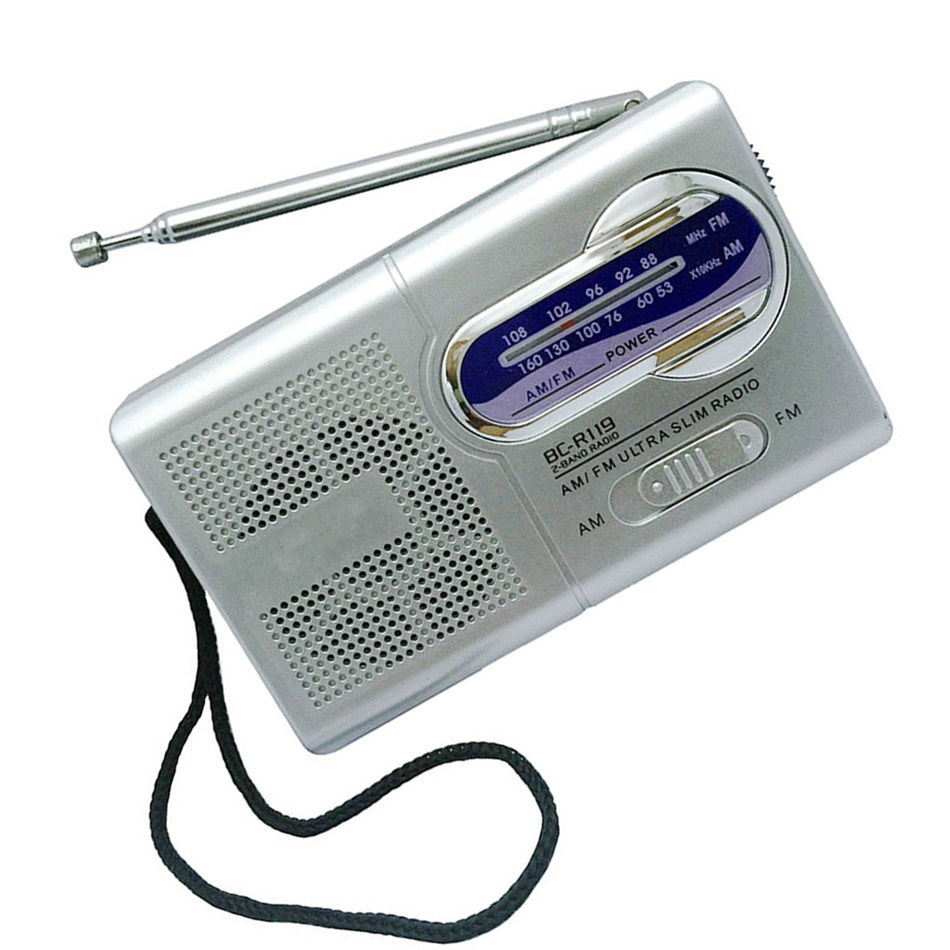 راديو Mini Mini Pocket Am FM مع هوائي تلسكوبي مكبر الصوت 2-Band Outdible Radio Receiver BC-R119