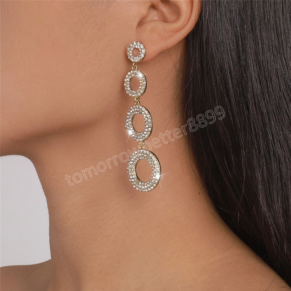 Luxe strass géométrique rond Long gland boucles d'oreilles femmes mariage mariée boucles d'oreilles suspendues fiançailles oreille bijoux fête