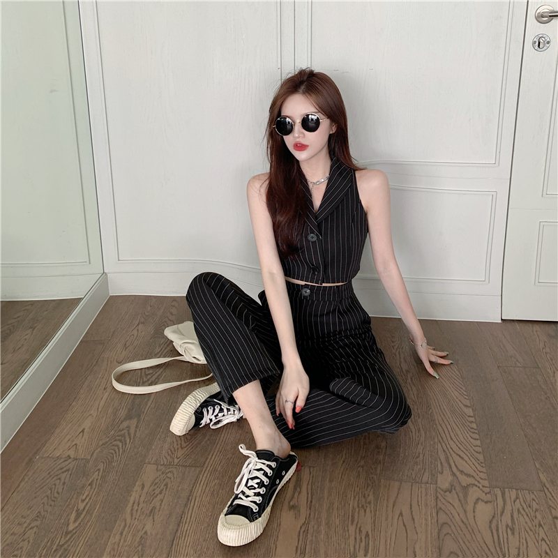 Women's Two Piece Pants Loose Striped Tailored Trousers Wide Leg Pant Suits Lapel Sleeveless Black Blazer Vest Thin Jacket Office Lady Sexy Casual Sets 220913