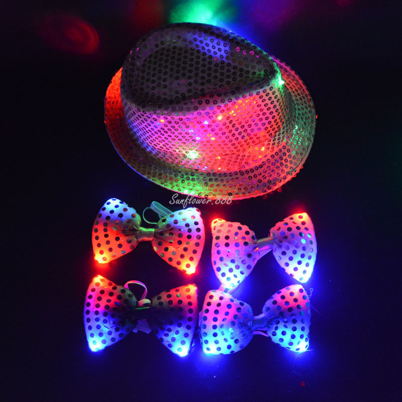 Cappelli a tesa larga LED lampeggiante con paillettes cravatta fiocco con cappello fedora festa nuziale ragazzo uomo Halloween Natale 220913