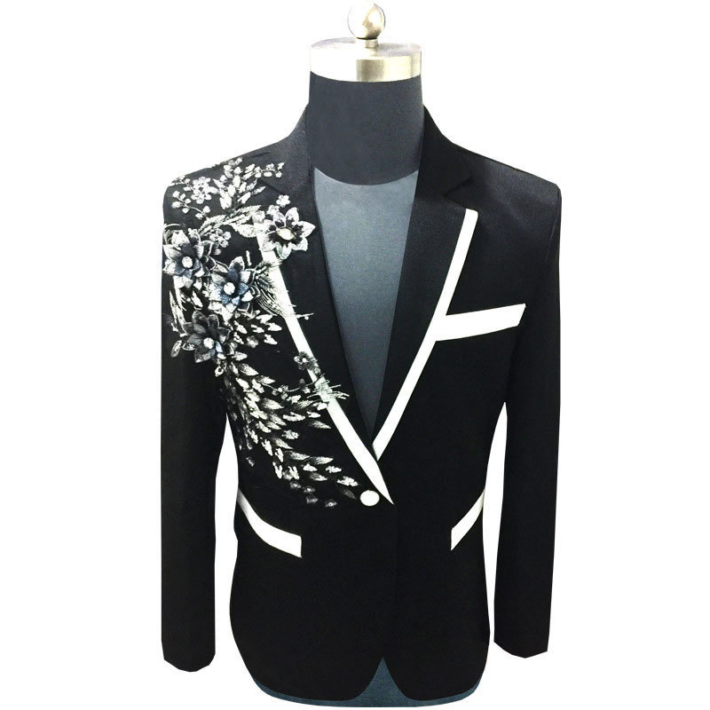 남자 양복 블레이저 흰색 꽃 스팽글 자수 재킷 남자 웨딩 신랑 턱시도 턱시도 턱시도 한 버튼 옷깃 무대 의상 homme 220912