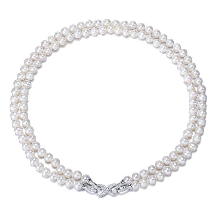 Dos capas Collar de perlas de agua dulce White 7mm AA- Off Round 925 Sterling Silver Broche Diseño clásico de novia