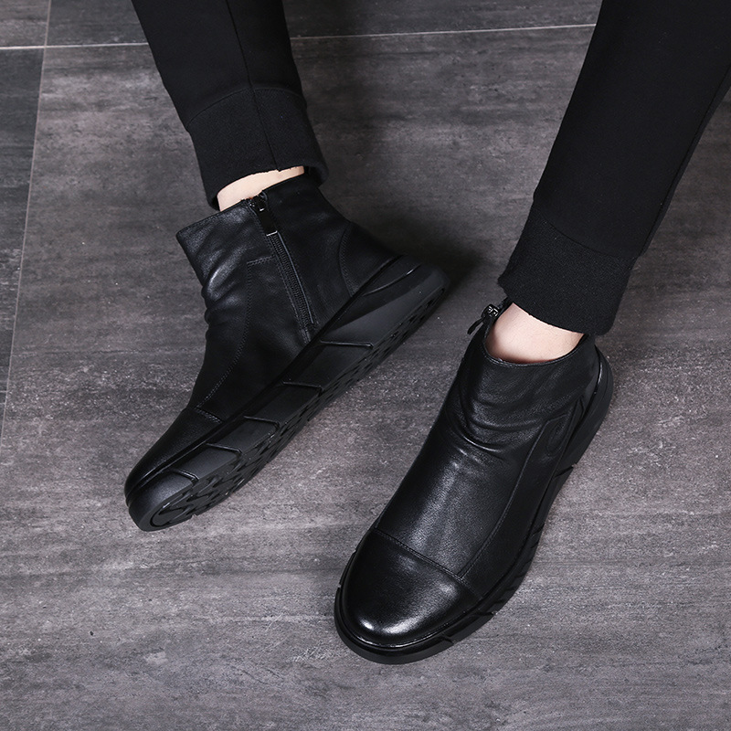 Boots Mens Black Leather Side Zipper Hightop Flats Korean Style Large Size Round Head Work Business Shoes Botas De Trabajo 220913