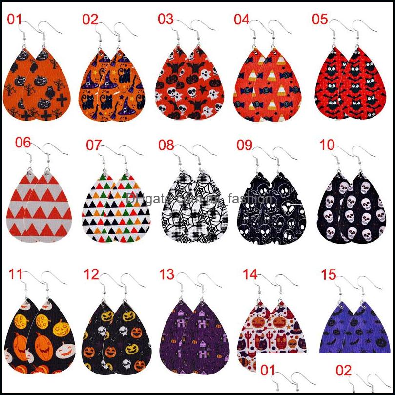 15 styles cute pumpkin print drop dangle earring women girls skull ghost leather earrings halloween jewelry