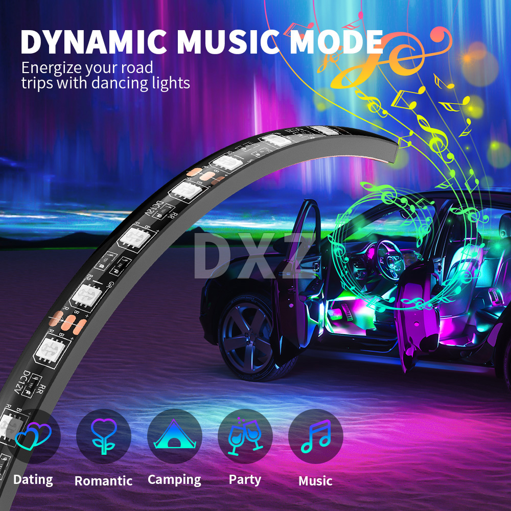 4 i 1 bil Interiör Neon RGB LED -strip Light 12SMD trådlös app Remote Music Control Dekorativ atmosfärslampa USB 12V
