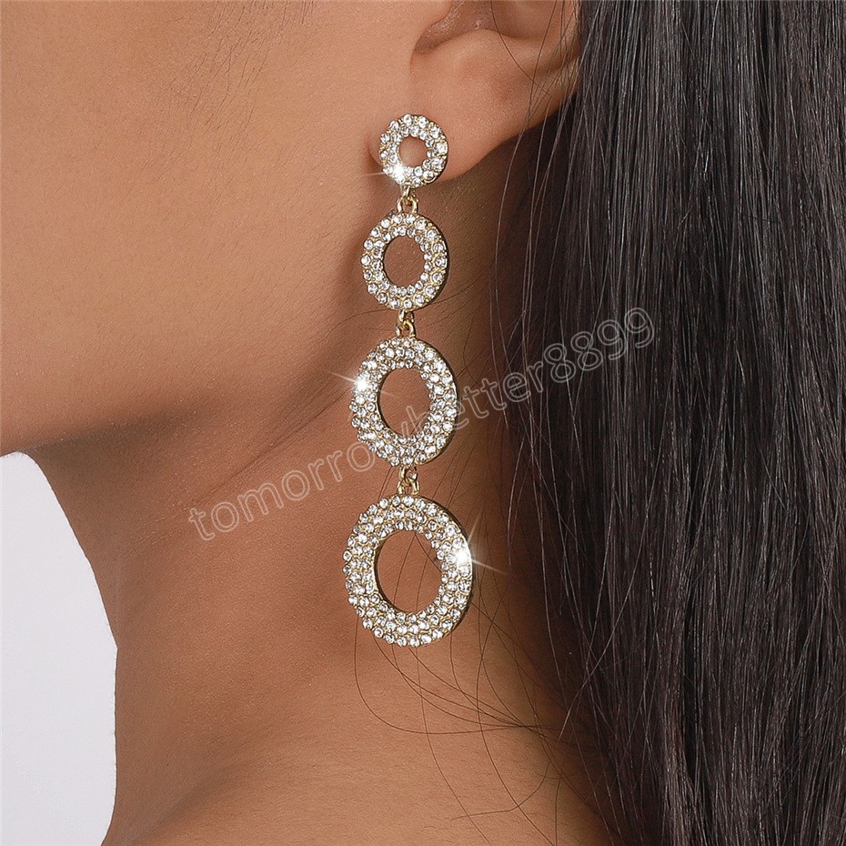 Luxe strass géométrique rond Long gland boucles d'oreilles femmes mariage mariée boucles d'oreilles suspendues fiançailles oreille bijoux fête