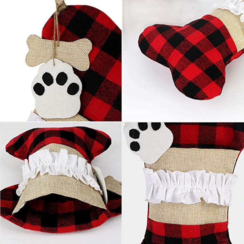 16.5 tum Pet Dog Bone Paw Christmas Stocking Ornament Burlap Plaid Xmas Tree Stora presentpåsar hängande eldstad juldekorationer för familjesemesterfest