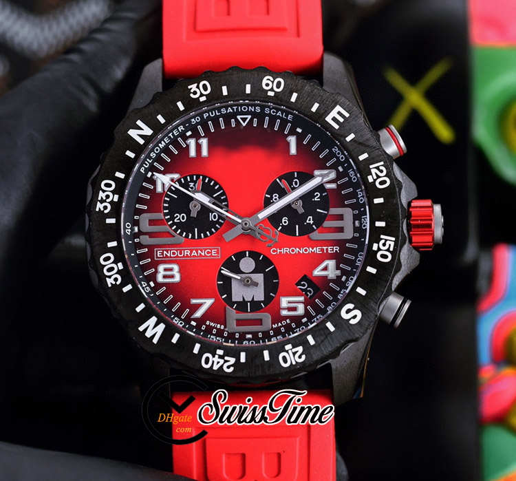 Endurance Pro 44 Miyota Quartz Chronograph Mens Watch V2 X823109A1K1S1 PVD Steel All Black Big Number Markers Red Rubber Strap Watches Stopwatch Swisstime H8