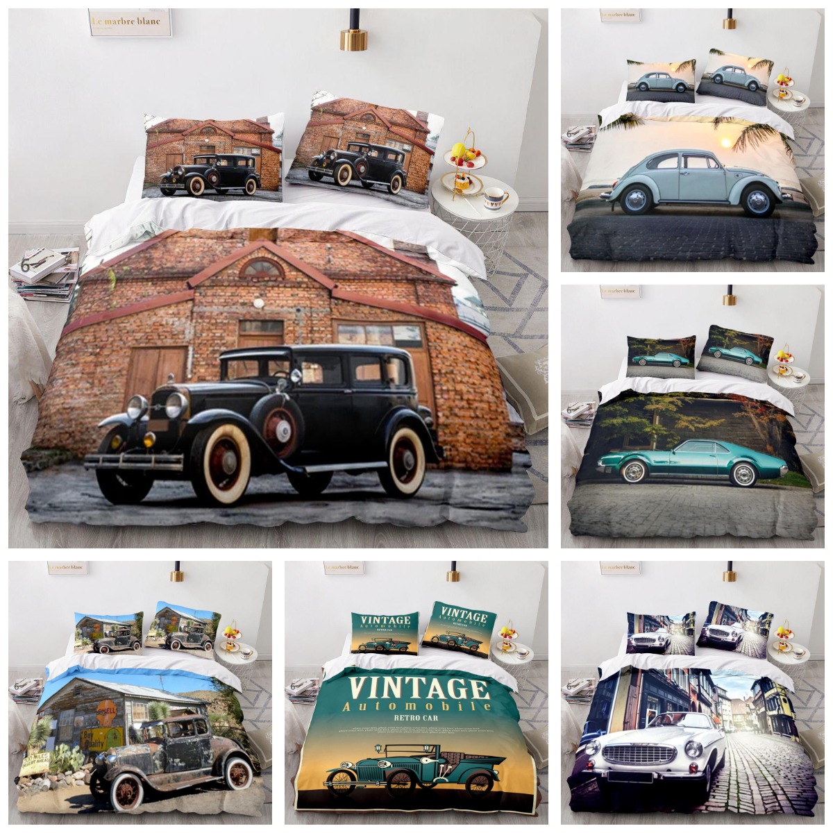 Retro Old Cars series 3D Bedding Sets Polyester Adult and Children Wildlife Print Duvet Cover Set European and American Style Super Soft Quilt Cover with Pillowcase
