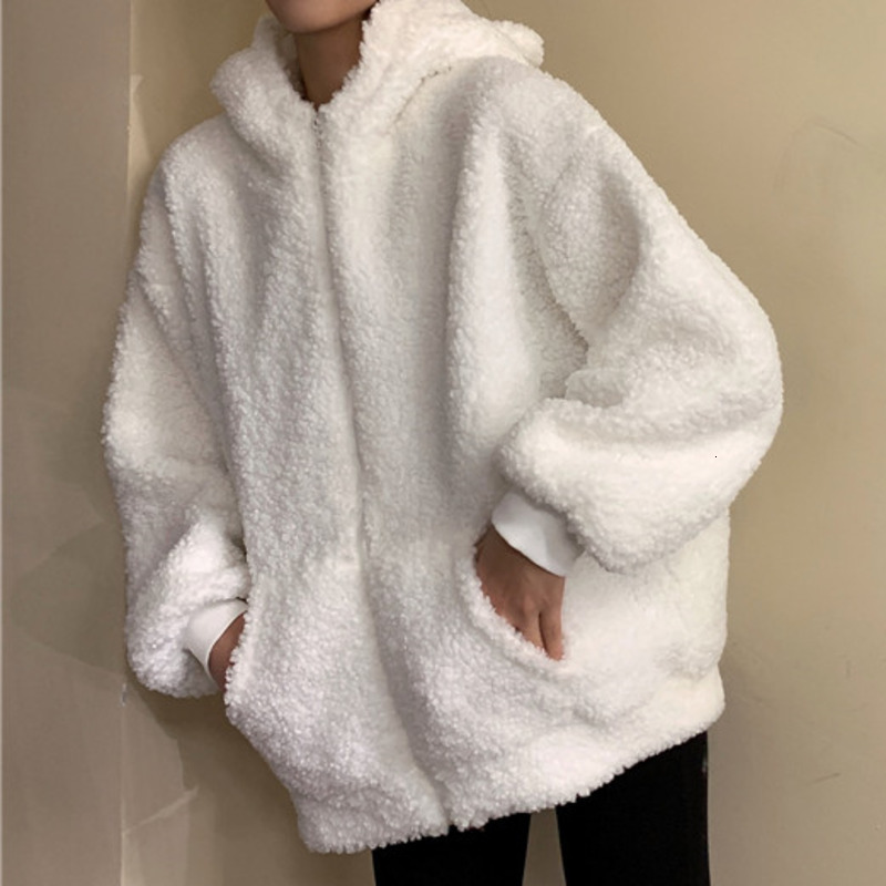 Femmes S Sweatshirts Automne Femmes belles beige zip-up Sweatshirt Kawaii Fleep Faux Fur Fur Long Hooded Teddy Bear Orets blanc Soft White 220913
