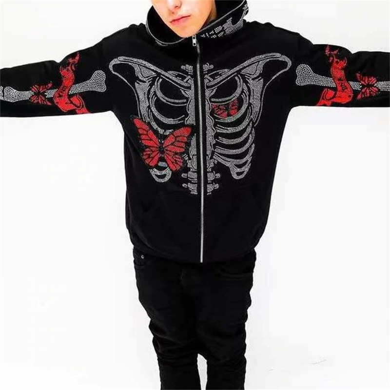 Mens Hoodies Sweatshirts Zip Hoodie Men Y2K clothes Hoodie Fashion Hoodies Goth rhinestones Butterfly Skeleton Print Long Sleeve Sweatshirt Oversized Top 220912