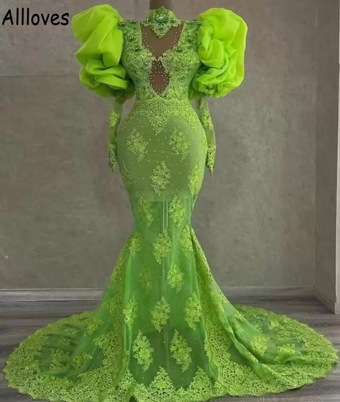 Green Aso ebi Prom Dresses Retro Puff Long Sleeves Lace Helded Beaded Plus Size Evening Celebrity Celebrity Mermaid High Collar Dression Second Dression Cl1117