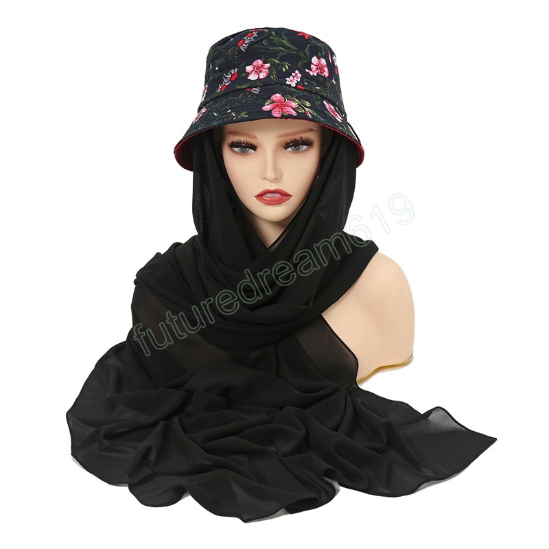 Hijab da donna musulmano alla moda con cappello a secchiello, berretto estivo da sole con sciarpa in chiffon, pronto da indossare Hijab istantaneo da donna