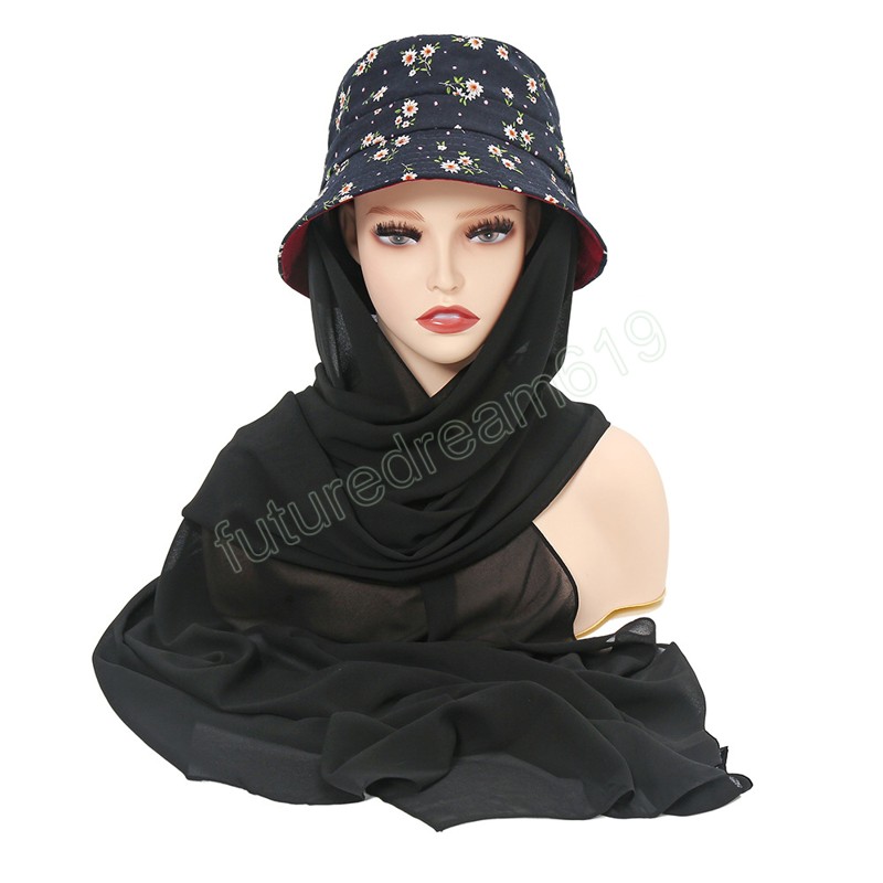 Hijab da donna musulmano alla moda con cappello a secchiello, berretto estivo da sole con sciarpa in chiffon, pronto da indossare Hijab istantaneo da donna