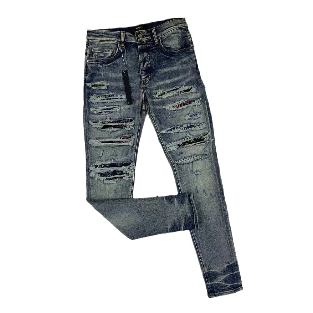 HM586-2 HIG QUALITY MENS JEANS FORSTERD MOTOLCYCLE BIKER JEAN ROCK SKANNY SLIM RIPPED HOLE STRIPEファッショナブルなヘビ刺繍D244Z