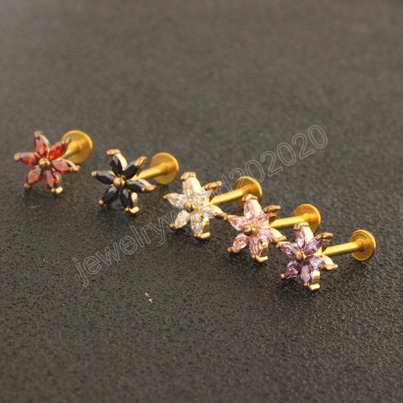 Flower Zircon Lip Ring Stud Piercing Bar Labret Ear Broskörhängen Tragus Helix Rostfritt stål Kroppsmycken