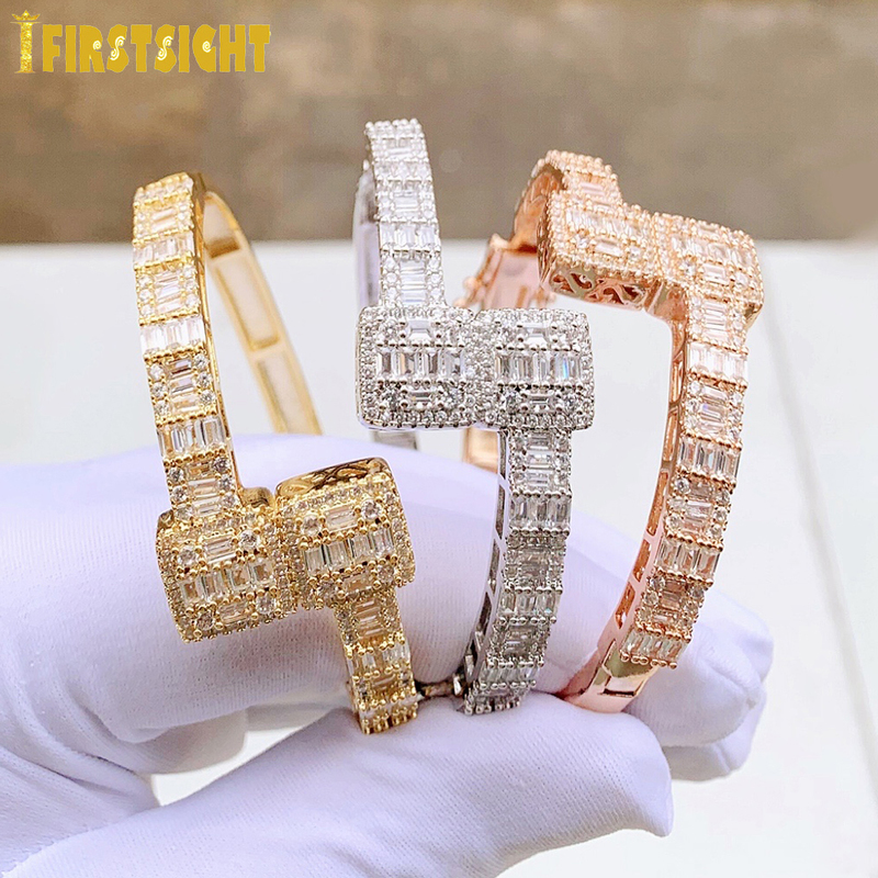 Bracciale ghiacciato bling aprita aprita zircone quadrato braccialetto in argento color baguette aaa cz uomini donne hiphop gioielli hiphop 220914 2973