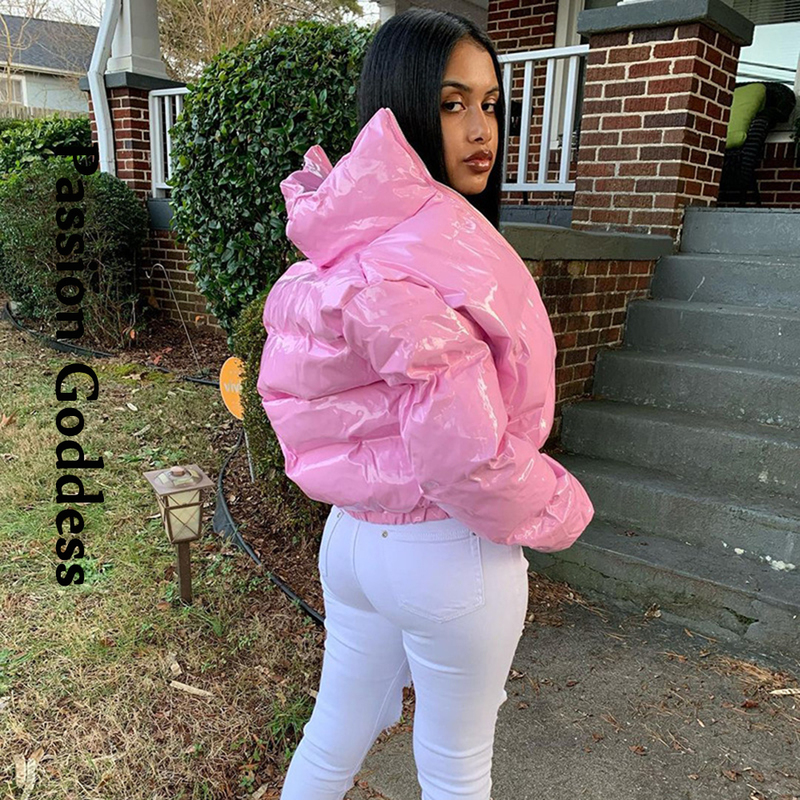 Femmes Down Parkas Mode Mignon Femmes Brillant PU Rose Puffer Veste Hiver Chaud Bulle Manteaux Parkas En Cuir Brillant Vers Le Bas Zipper Vestes Courtes Parkas 220914