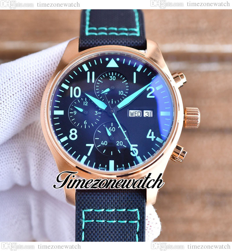 43mm DayDate Pilots Watches IW388108 Automatisk herrklocka IW378005 Black Dial Green Inner PVD Black Steel Case Nylon/Leather Strap No Chronograph TimezoneWatch