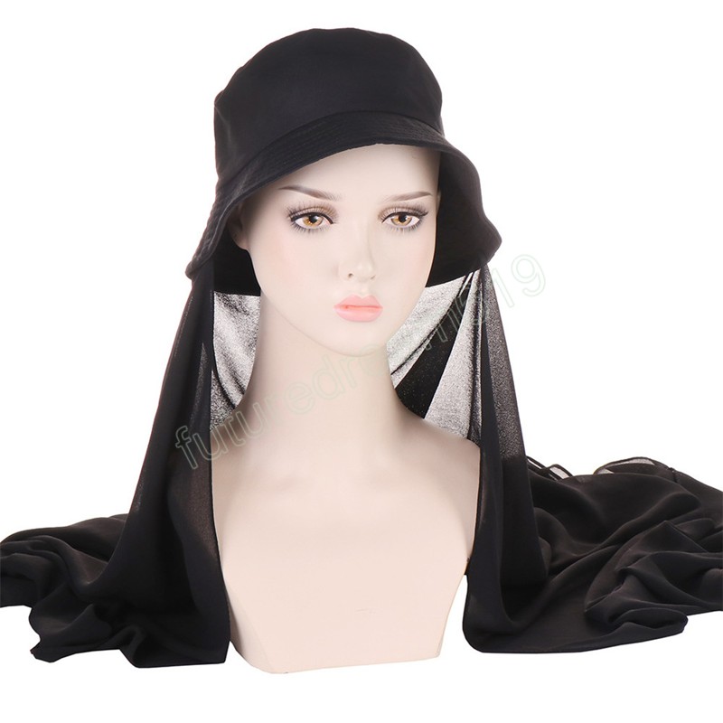 Hijab de chiffon de moda muçulmana com chapéu de balde sólido chapéus de sol com lenço pronto para usar roupas de hijabs islã instantâneos