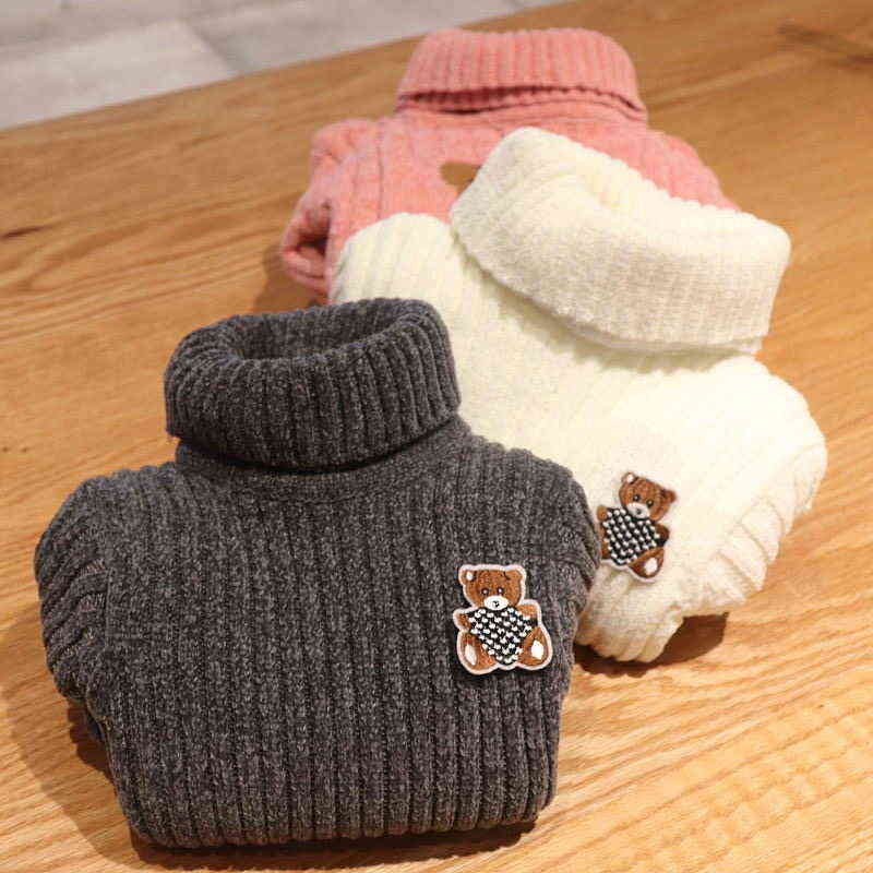 Qualité avec ours pur hiver garçon fille enfant épais tricoté col roulé chemises solide col haut pull peluche pull 0913