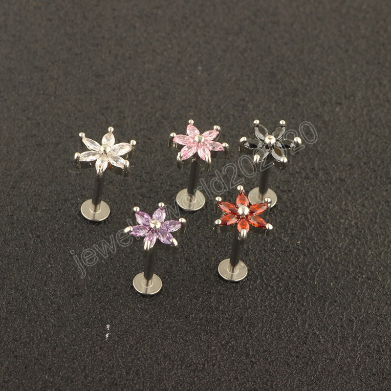 Flower Zircon Lip Ring Stud Piercing Bar Labret Ear Cartilage Earrings Tragus Helix Stainless Steel Body Jewelry