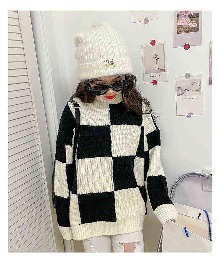 Girls Winter Spring Pullover Knitting Sweater Kids Casual Loose Tops Teens Children mode Black White Plaid kläder 0913