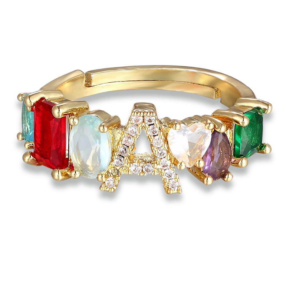 Acessórios bandas Jewelryrings de moda ajustável Um anel inicial do anel inicial Bohemian Copper Zircon Rainbow Letter Rings for Women Girls Party Wed ...