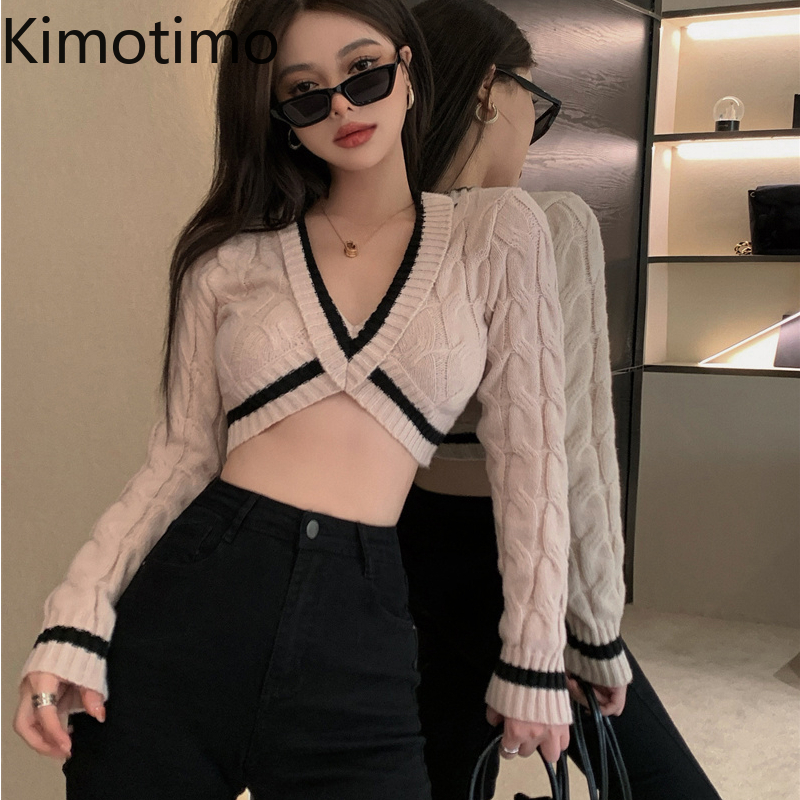 Kvinnors stickor Tees kimotimo oregelbunden kors randig tröja kvinnor Autumn Winter V Neck Sexig smal skörd Korean Chic Temperament Knit Topps 220914