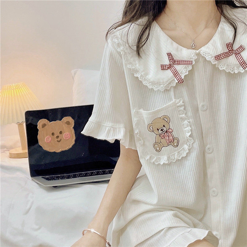 Kvinnors sömnkläder Qweek japansk stil spetsdocka krage fickbjörn broderi ruffle kawaii pyjamas pajamas för kvinnor två stycken set sommar pijama 220913