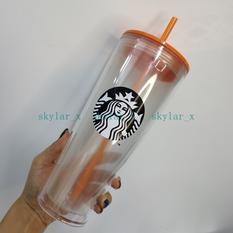 24 oz/710ml Starbucks Tumblers Green Straw Doble plástico de plástico Copa luminosa con tazas de café de gran capacidad Taza de regalo 20 piezas