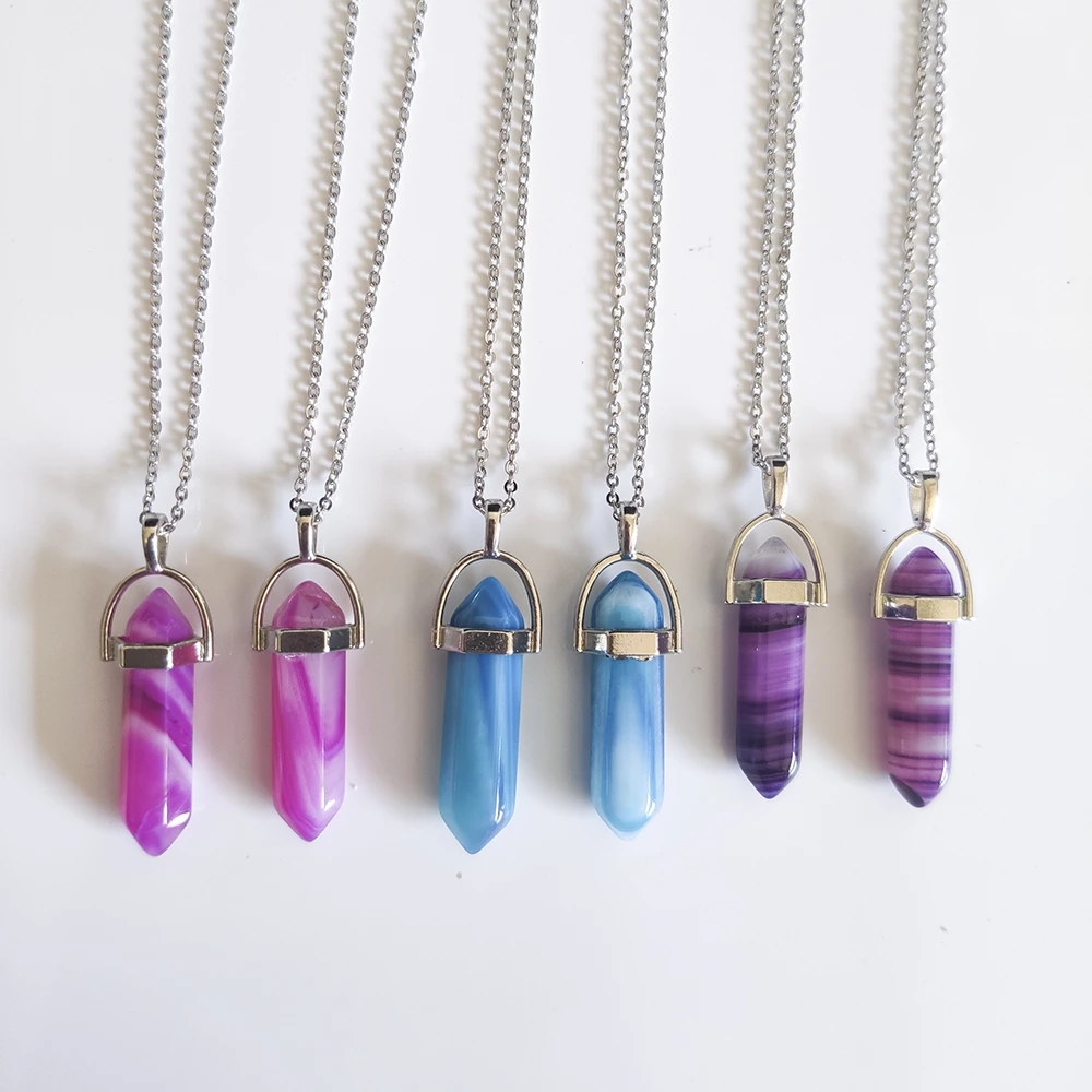 Natural Stone hexagonal prism Shape Pendant necklaces Reiki Healing Crystal red purple stripe Agate Charms Necklace For Women Jewelry