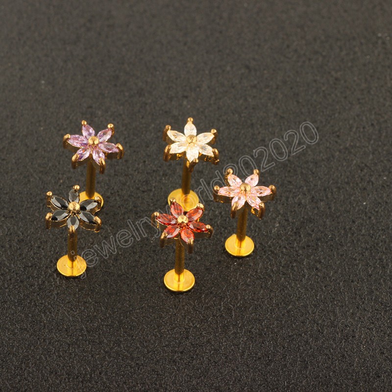 Flower Zircon Lip Ring Stud Piercing Bar Labret Ear Broskörhängen Tragus Helix Rostfritt stål Kroppsmycken