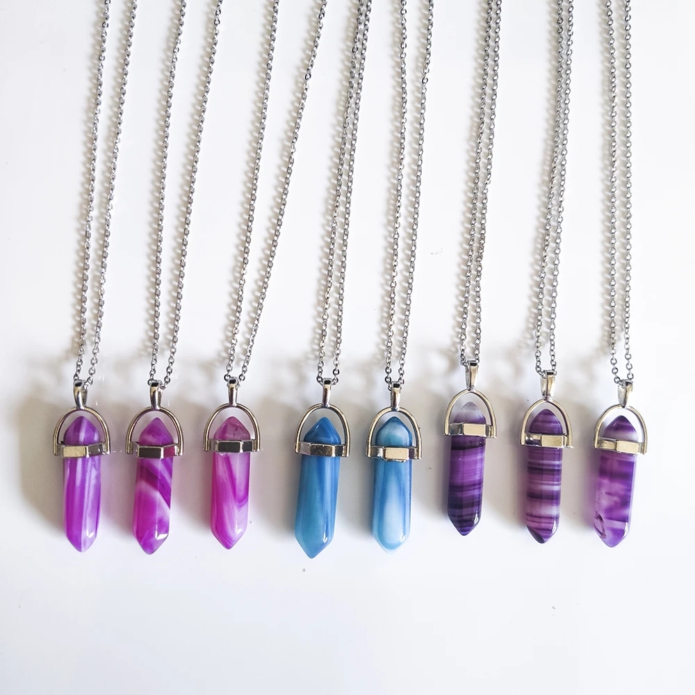 Natural Stone hexagonal prism Shape Pendant necklaces Reiki Healing Crystal red purple stripe Agate Charms Necklace For Women Jewelry