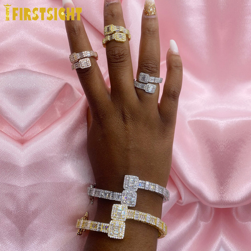 Brazalete Iced Out Bling Open Square Zircon Charm Bracelet Gold Silver Color Baguette AAA CZ Bangle Para Hombres Mujeres Hiphop Jewelry 220914