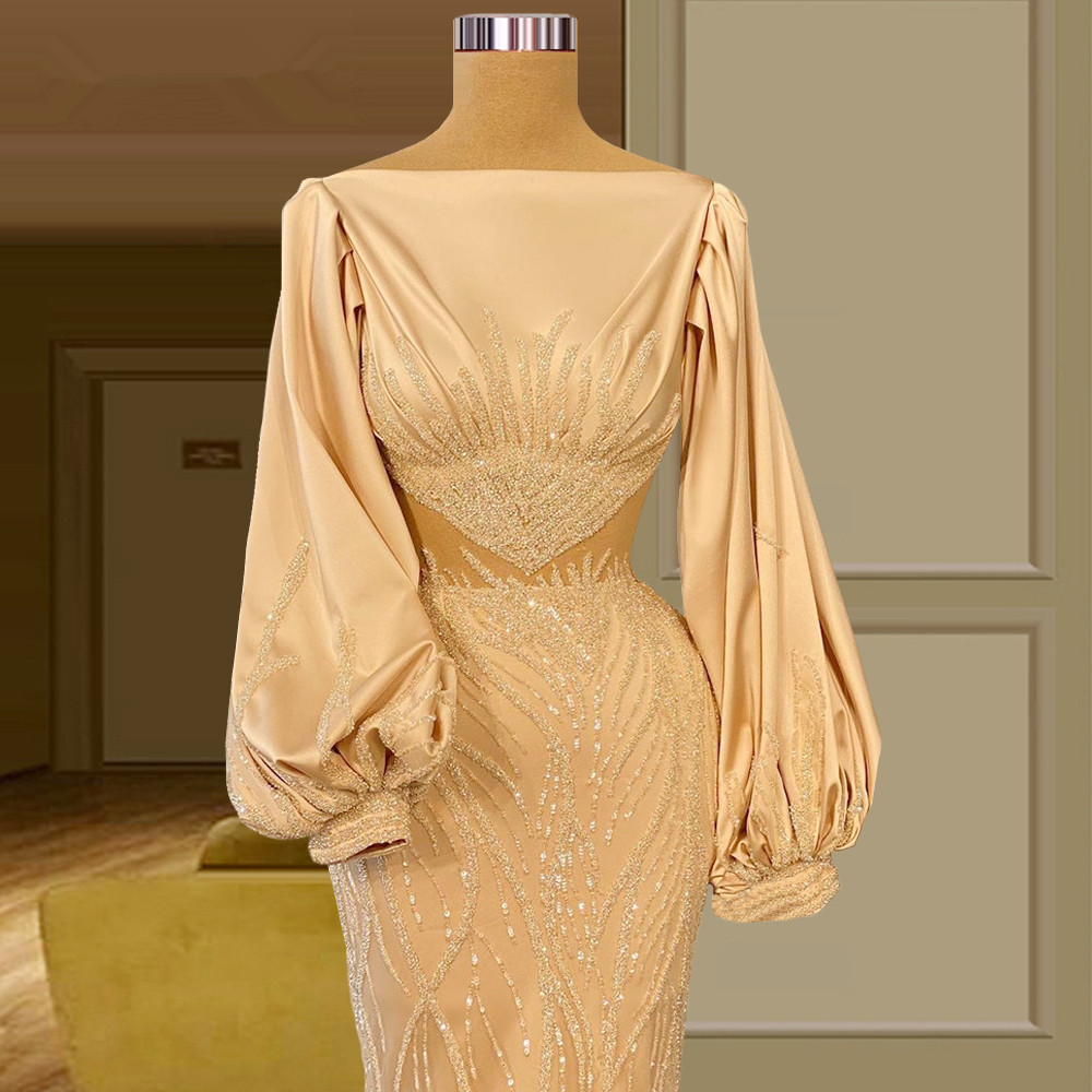 魅力的なスパンコールドレスランタンスリーブマーメイドパーティードレスフロアレングスカスタムメイドのイブニングドレス