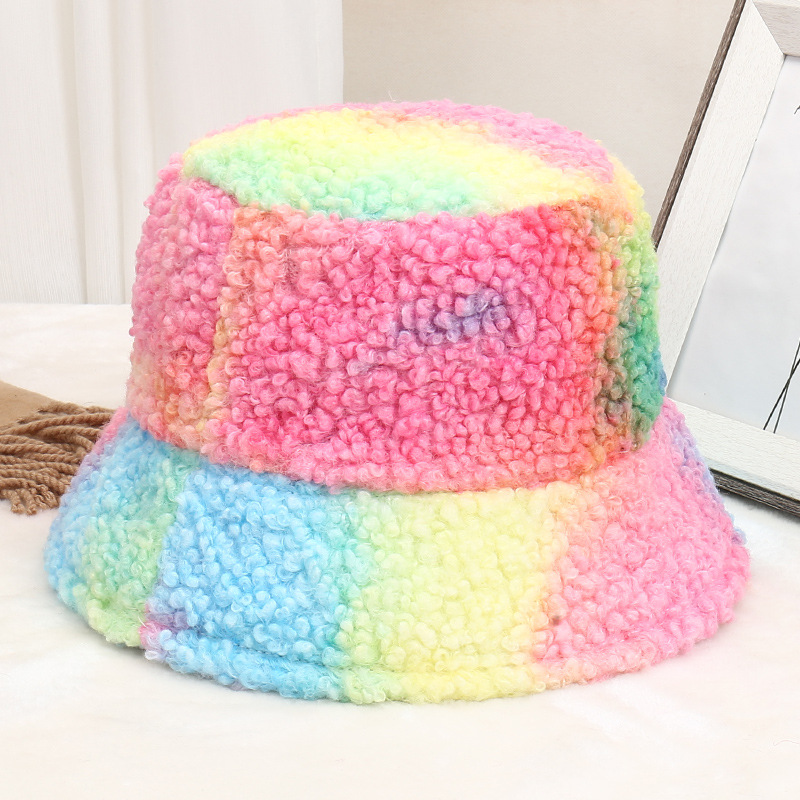 2022newTie-dye candy-colored lamb velvet fisherman hat wide-brimmed adjustable color-blocking plush basin hat female Korean version fashion casual bucket hats