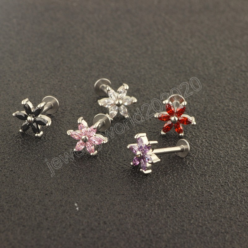 Flower Zircon Lip Ring Stud Piercing Bar Labret Ear Cartilage Earrings Tragus Helix Stainless Steel Body Jewelry