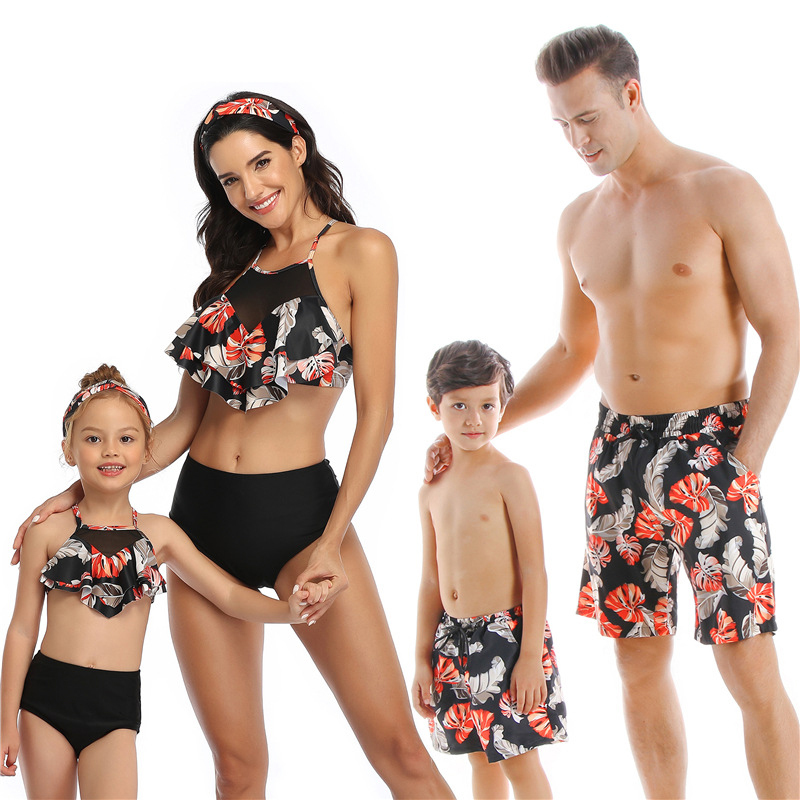 Tenues assorties pour la famille Maillot de bain à feuilles Tenues assorties pour la famille Look Mère Fille Maillots de bain Maman et moi Robe bikini Vêtements Père Fils Short de bain 220914