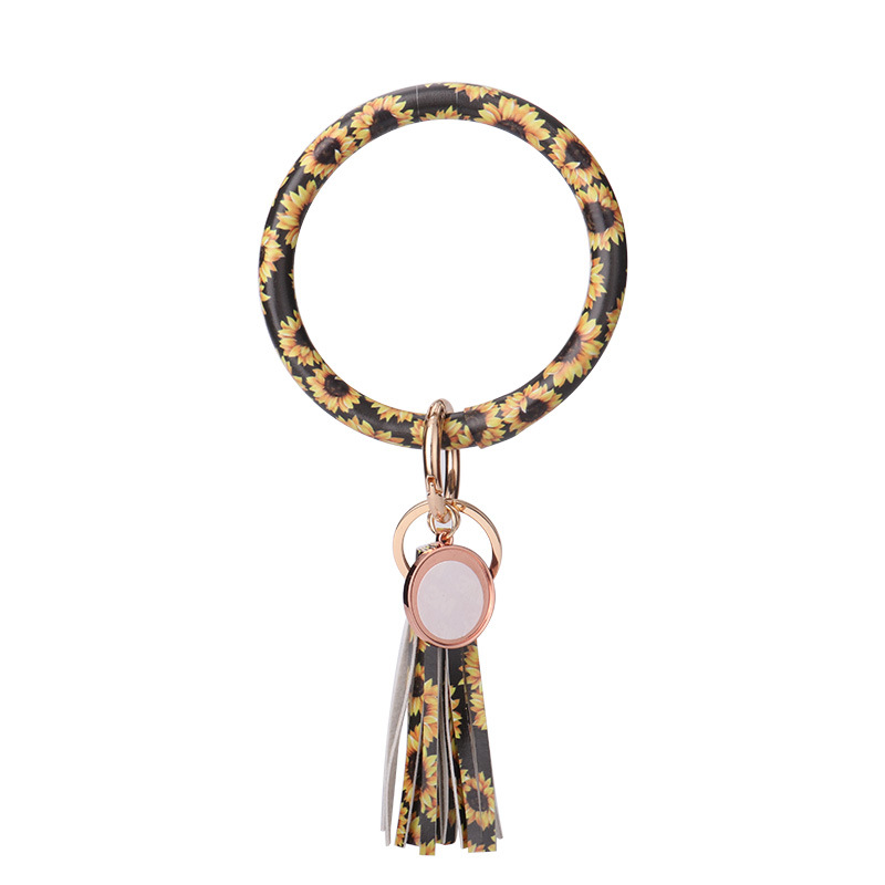 PU Leather Creative Bracelet Pendants Keychain for Women Fashion Floral Leopard Wristlet Keychain Tassel Bangle Key chain Accessories