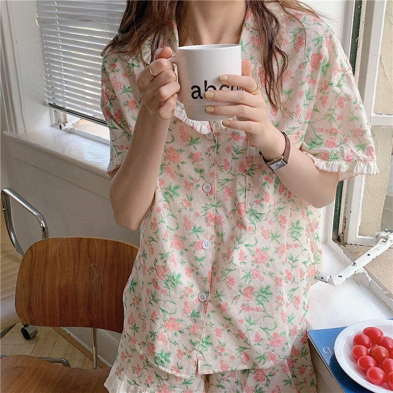Pijama de roupas de sono feminino sets de colarinho curto de coleira curta feminino de ver￣o fino estampado kawaii womens quimono pijamas elegantes 220913