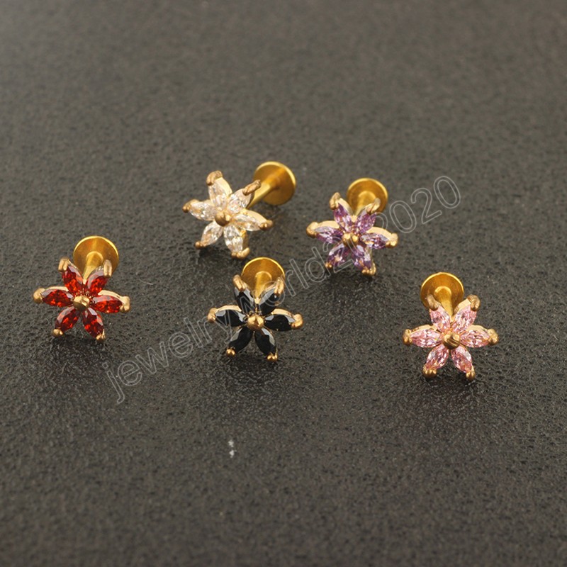 Flower Zircon Lip Ring Stud Piercing Bar Labret Ear Cartilage Earrings Tragus Helix Stainless Steel Body Jewelry