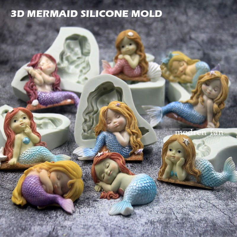3D Sleeping Mermaid Silicone Mold Diy Cake Tools Fondant Chocolate Candy Making Soop Clay Machine para decoração de Natal de aniversário de bebê