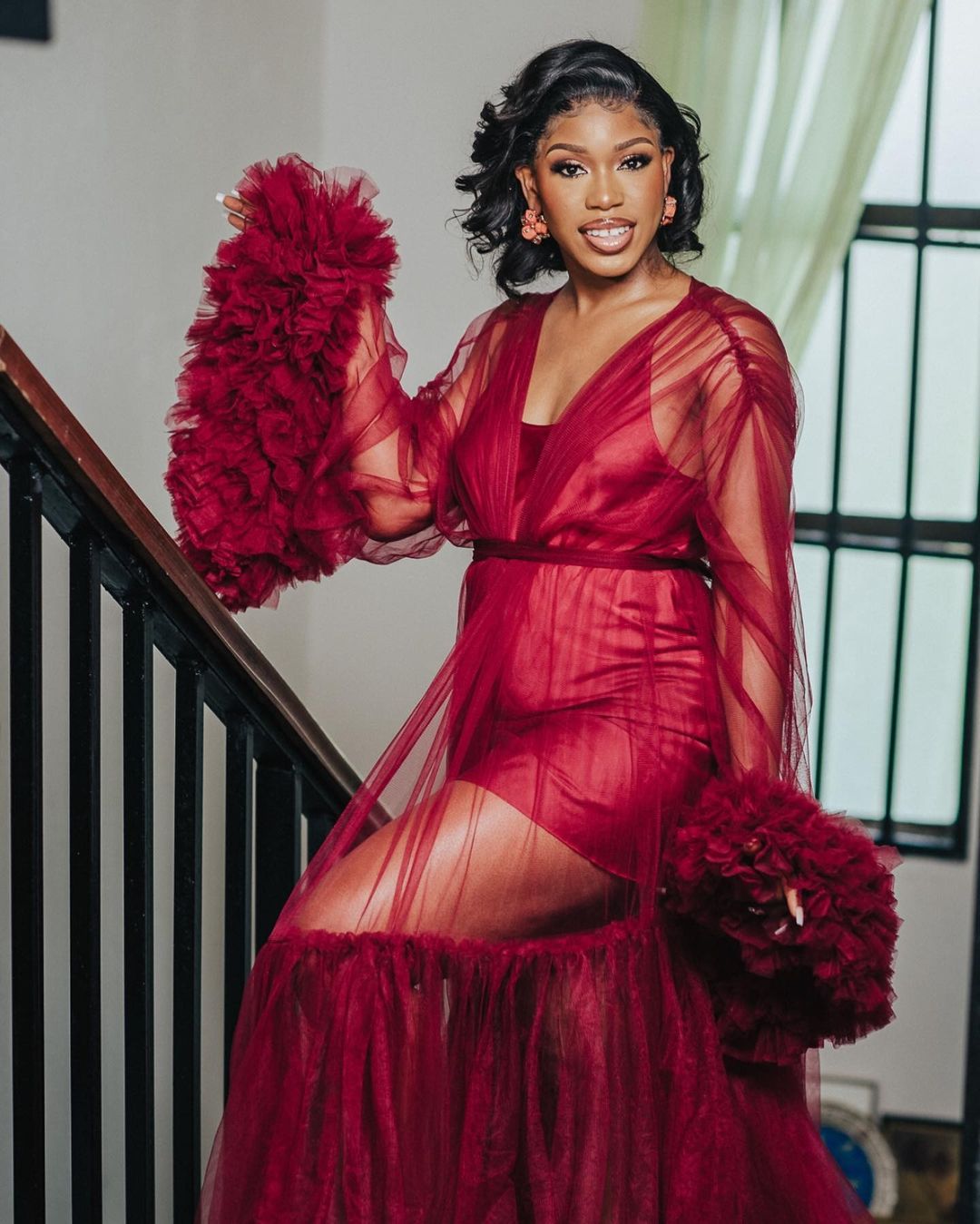 Elegant Red Tulle Maternity Prom Dresses Puffy Sleeve Photo Shoot Sexy Bridal Fluffy Robe Full Length Long Bathrobe Birthday Gowns